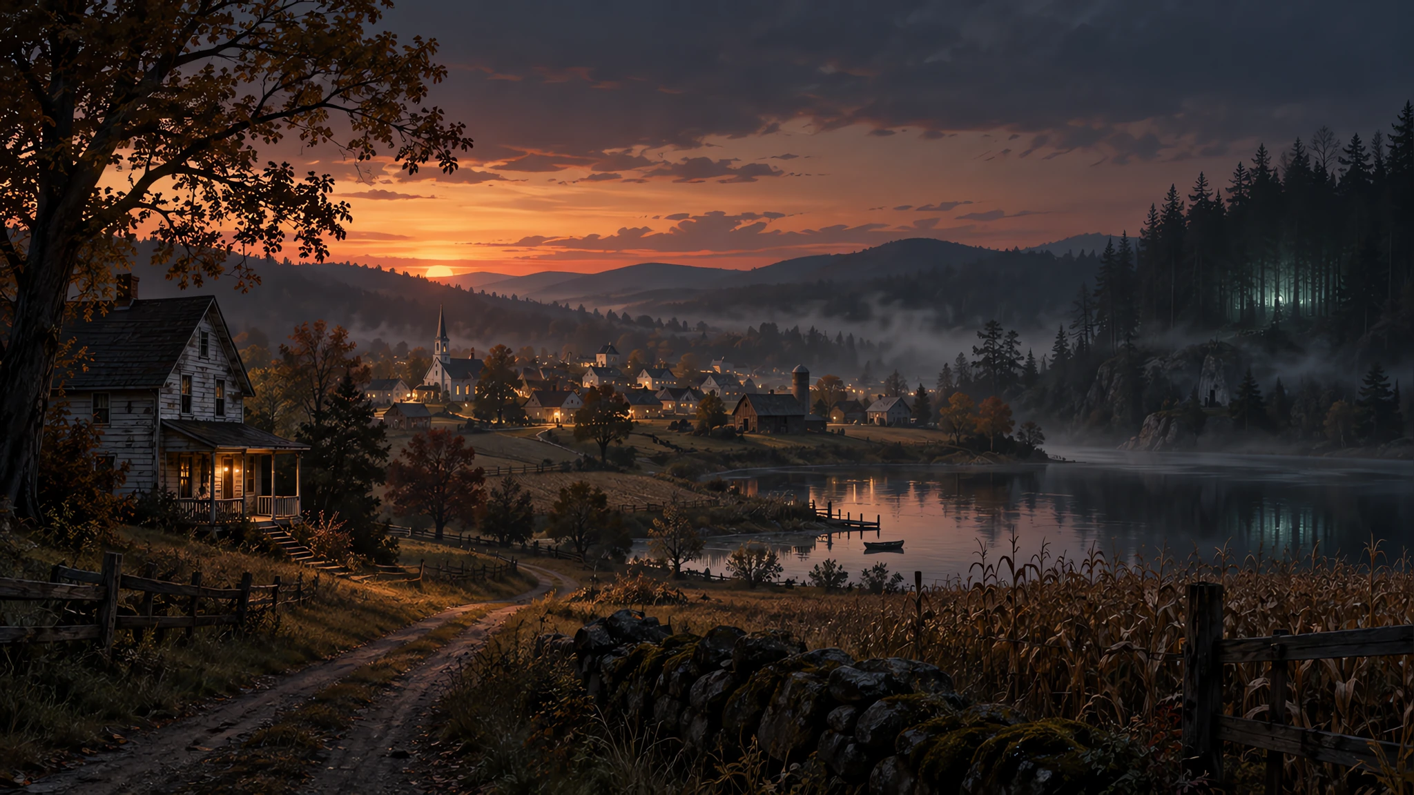 Dusk rural town, farm, lake, and forest artwork for the Welcome to Elderfield community wiki